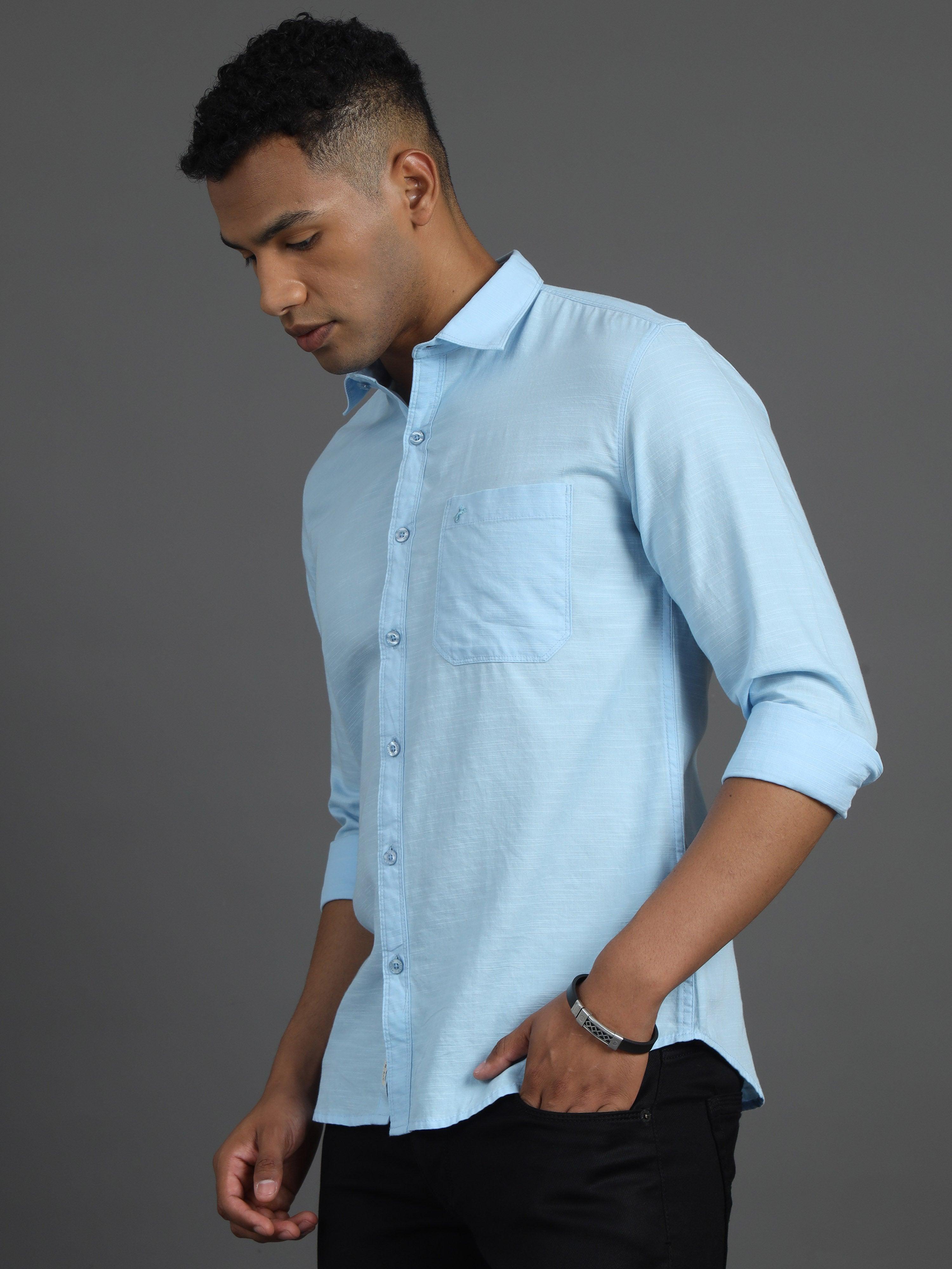 Jaguro Men's Casual Solid Sky-Blue Shirt