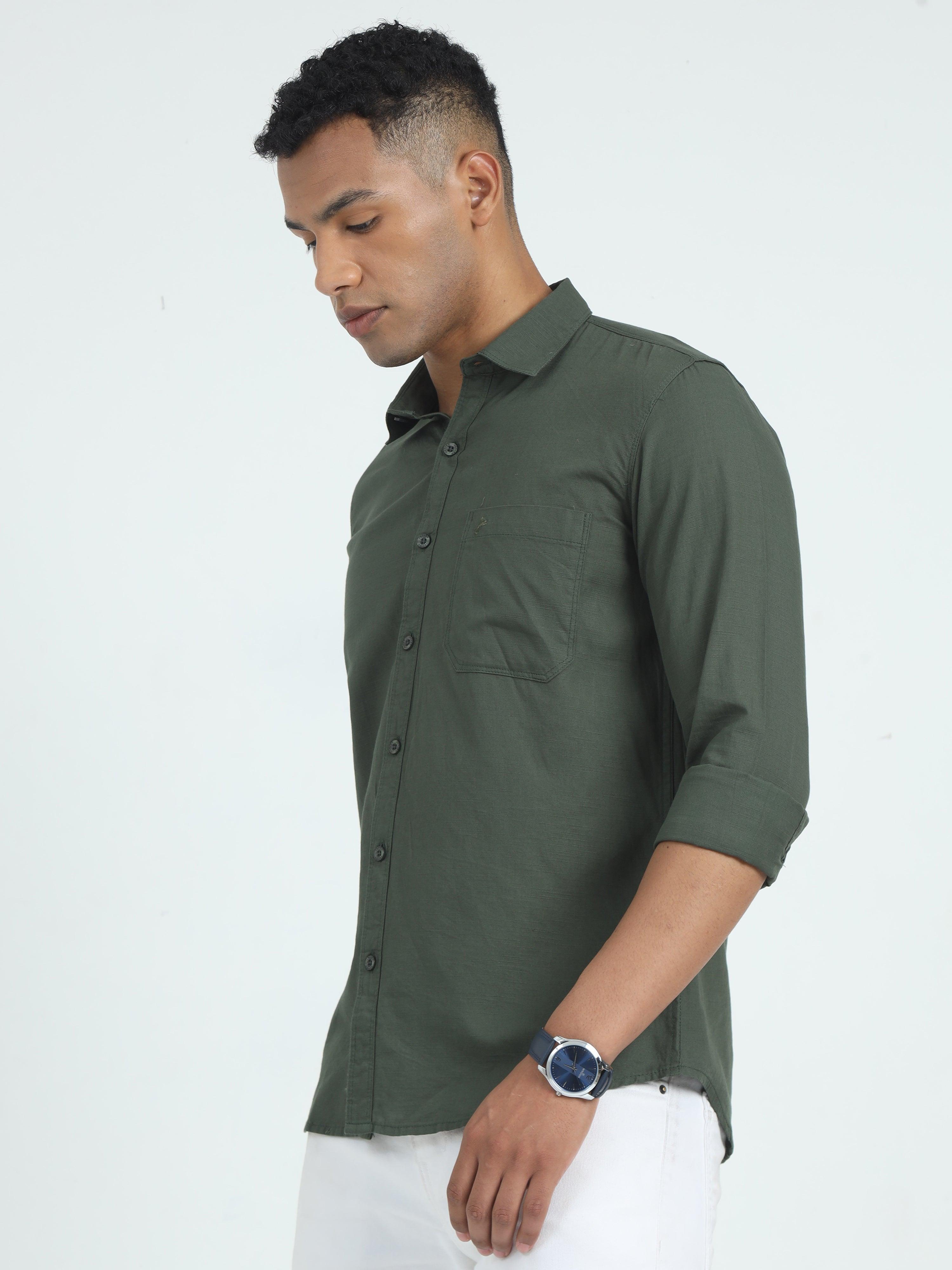 Jaguro Men's Casual Solid B-Green Shirt