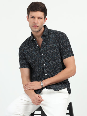 JAGURO BLACK PRINTED HALF SLEEVE SHIRT