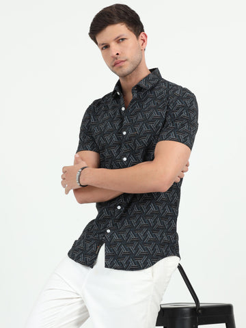 JAGURO BLACK PRINTED HALF SLEEVE SHIRT