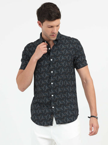 JAGURO BLACK PRINTED HALF SLEEVE SHIRT