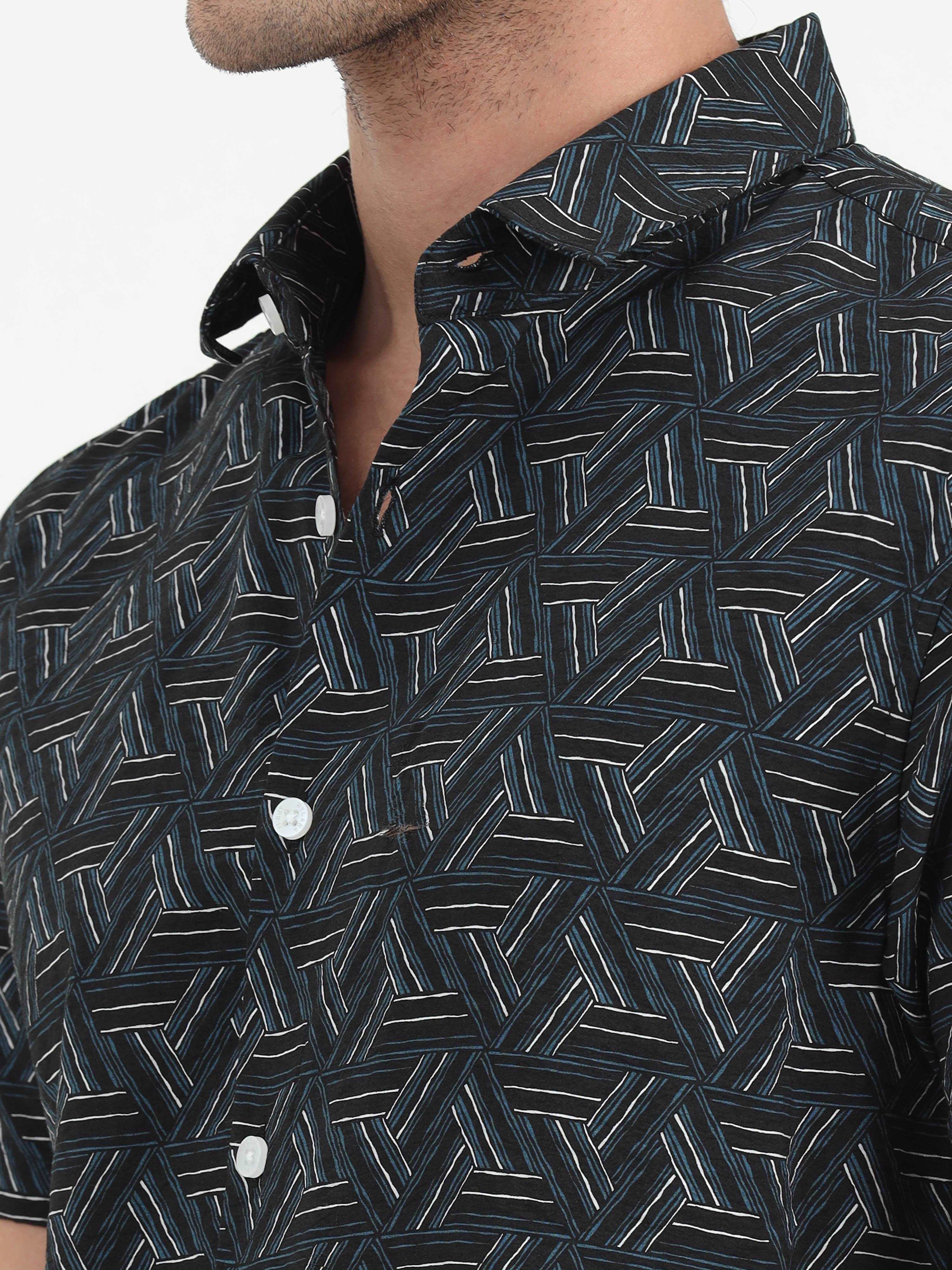 JAGURO BLACK PRINTED HALF SLEEVE SHIRT