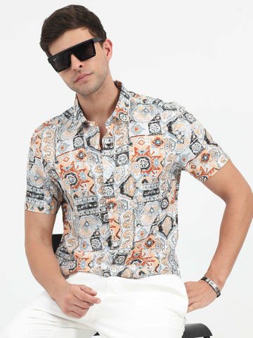 JAGURO BLACK-ORANGE PRINTED HALF SLEEVE SHIRT