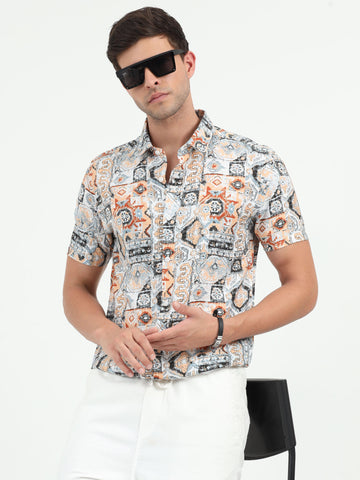 JAGURO BLACK-ORANGE PRINTED HALF SLEEVE SHIRT