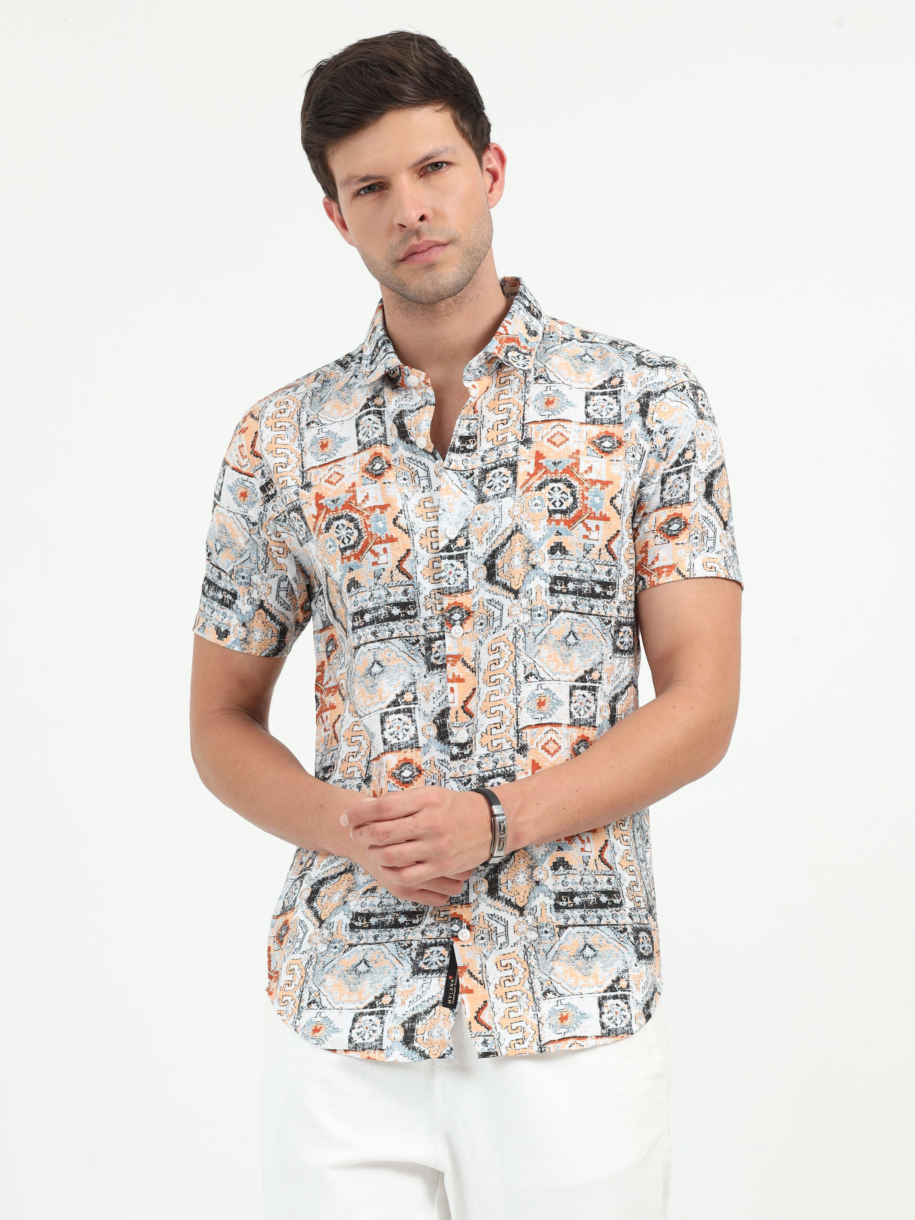 JAGURO BLACK-ORANGE PRINTED HALF SLEEVE SHIRT