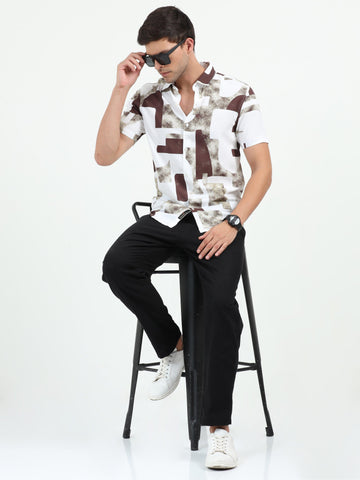 JAGURO BROWN-WH  PRINTED HALF SLEEVE SHIRT