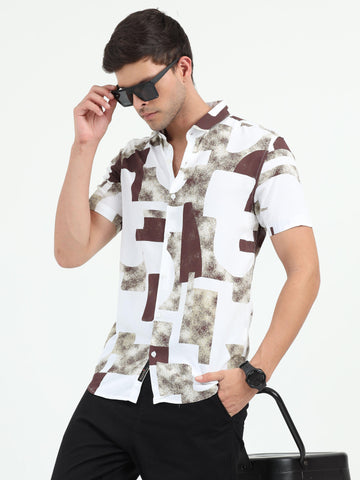 JAGURO BROWN-WH  PRINTED HALF SLEEVE SHIRT