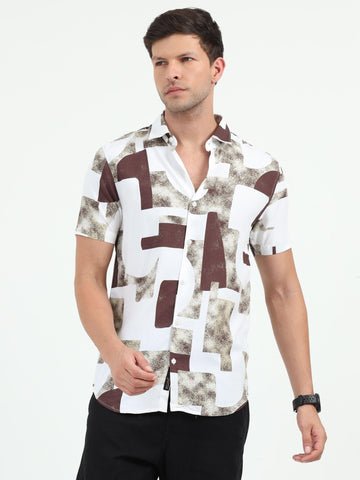 JAGURO BROWN-WH  PRINTED HALF SLEEVE SHIRT