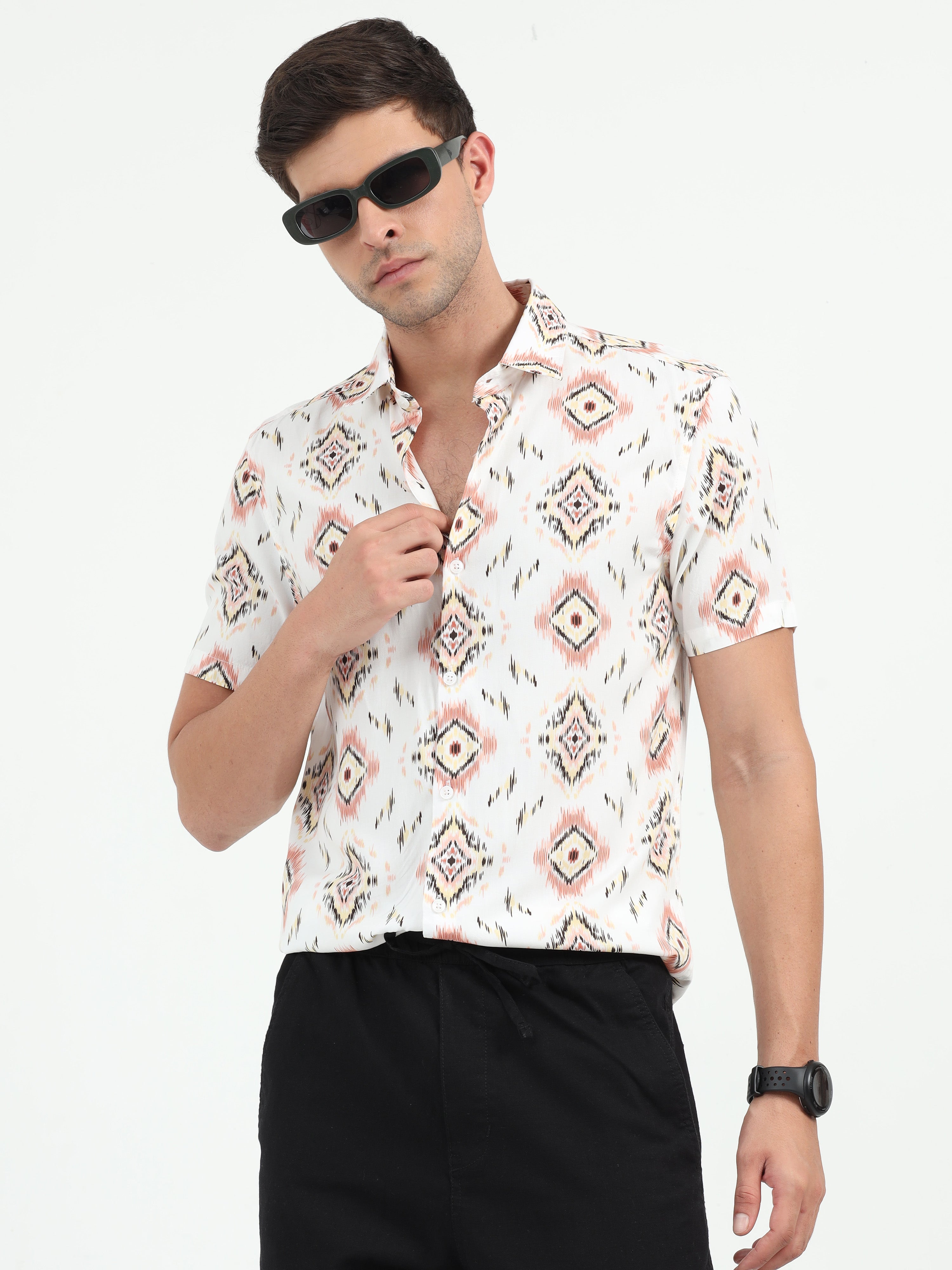 JAGURO WHITE-PINK PRINTED HALF SLEEVE SHIRT