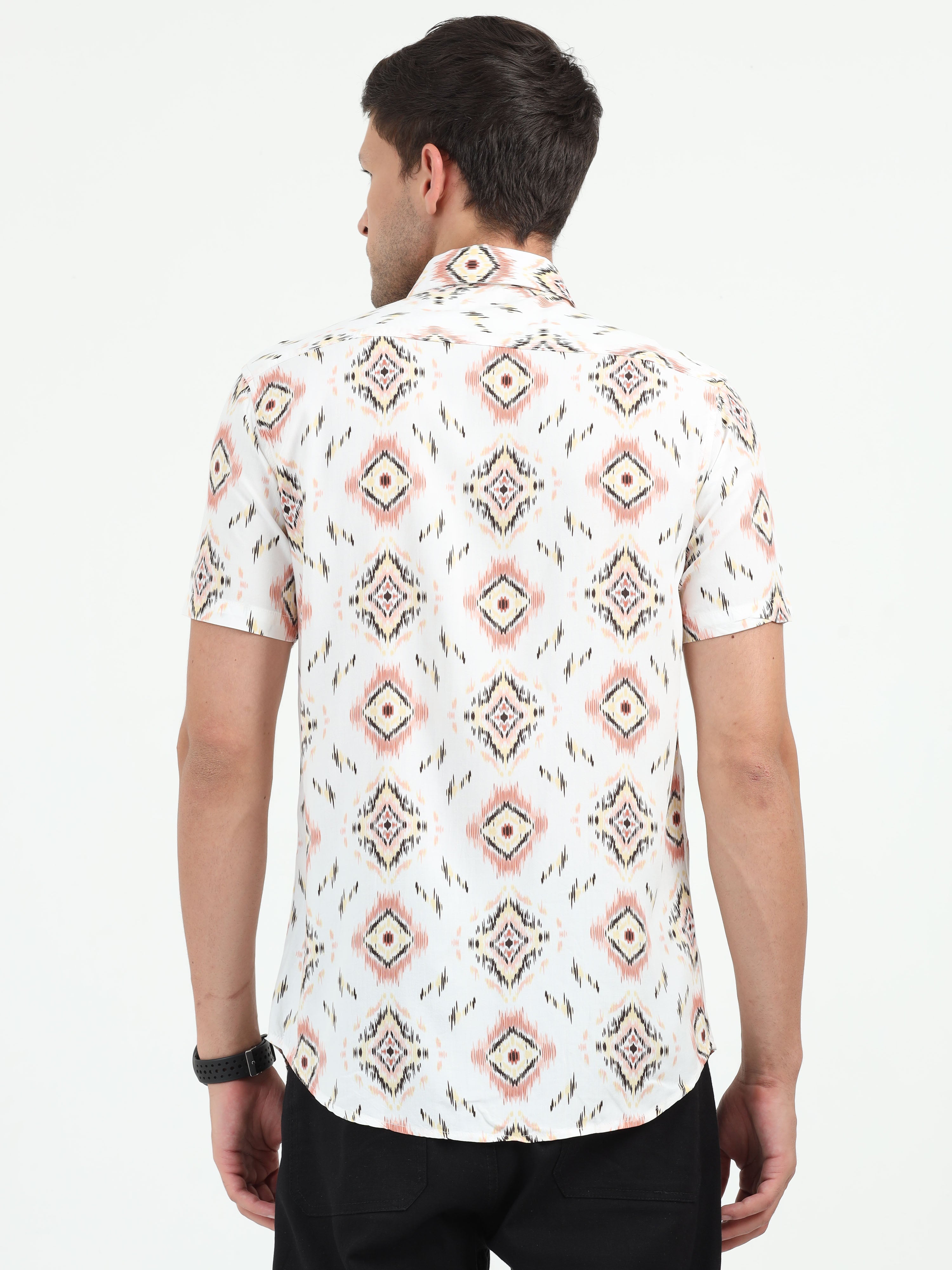 JAGURO WHITE-PINK PRINTED HALF SLEEVE SHIRT