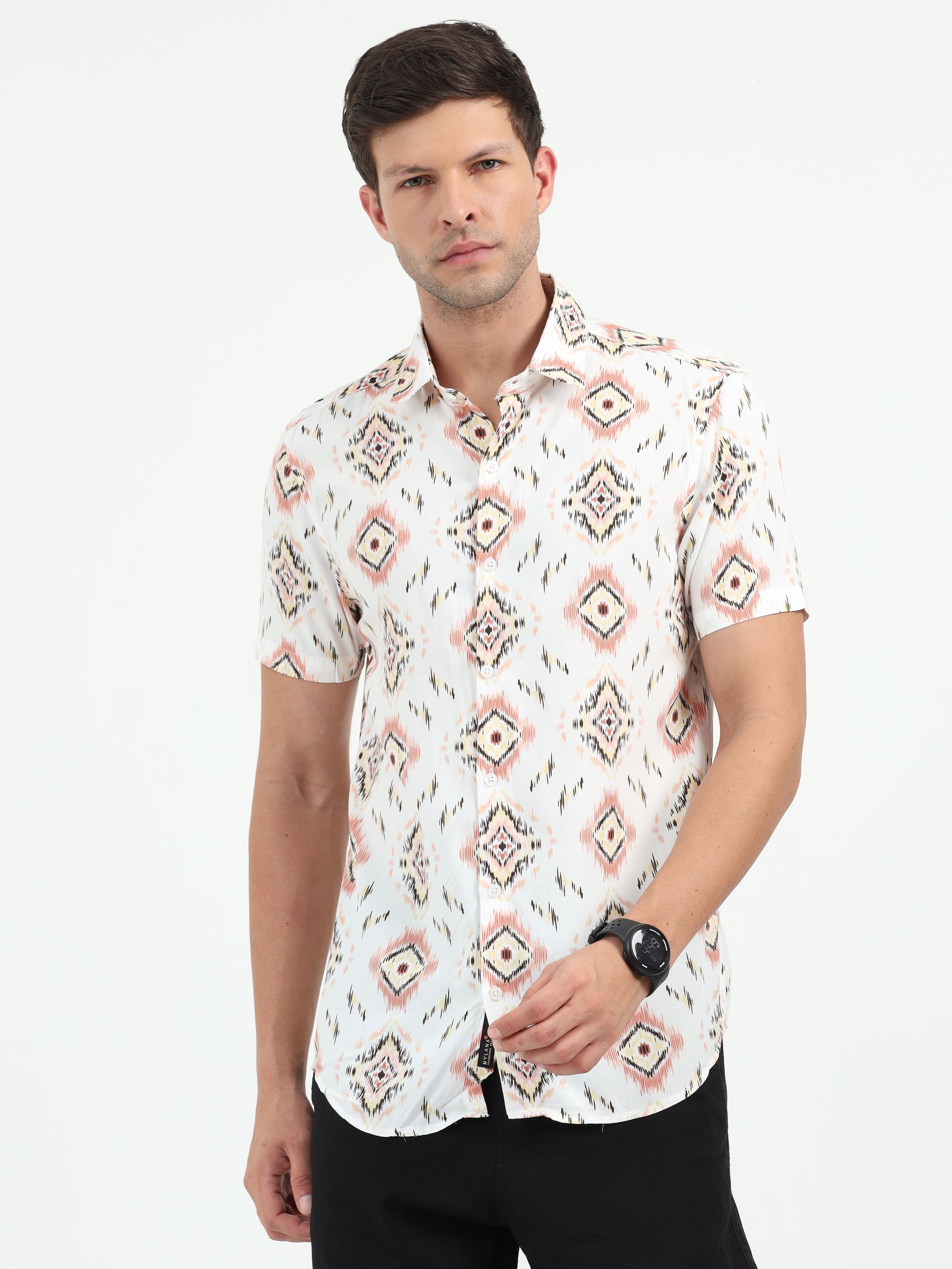 JAGURO WHITE-PINK PRINTED HALF SLEEVE SHIRT