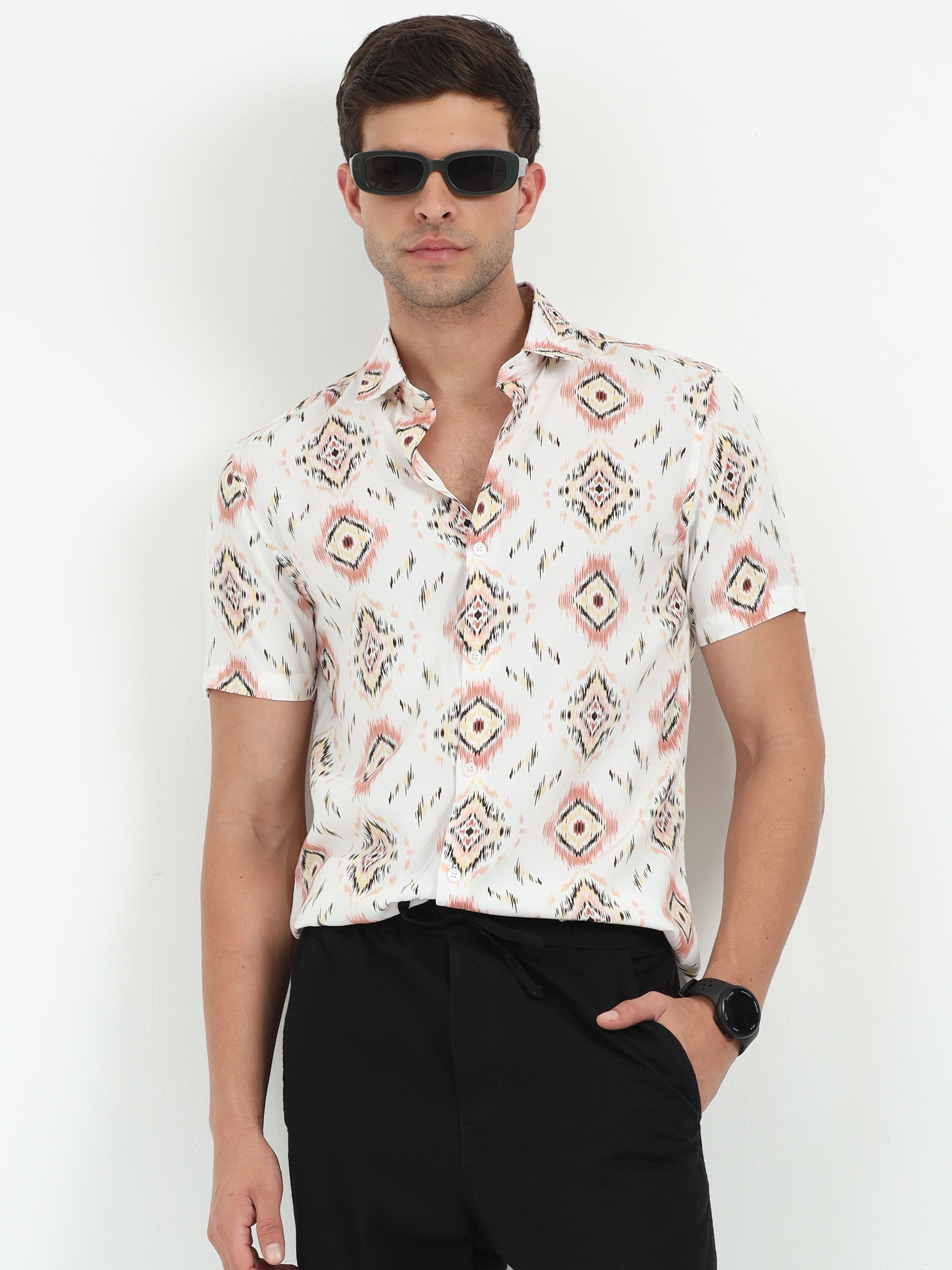 JAGURO WHITE-PINK PRINTED HALF SLEEVE SHIRT