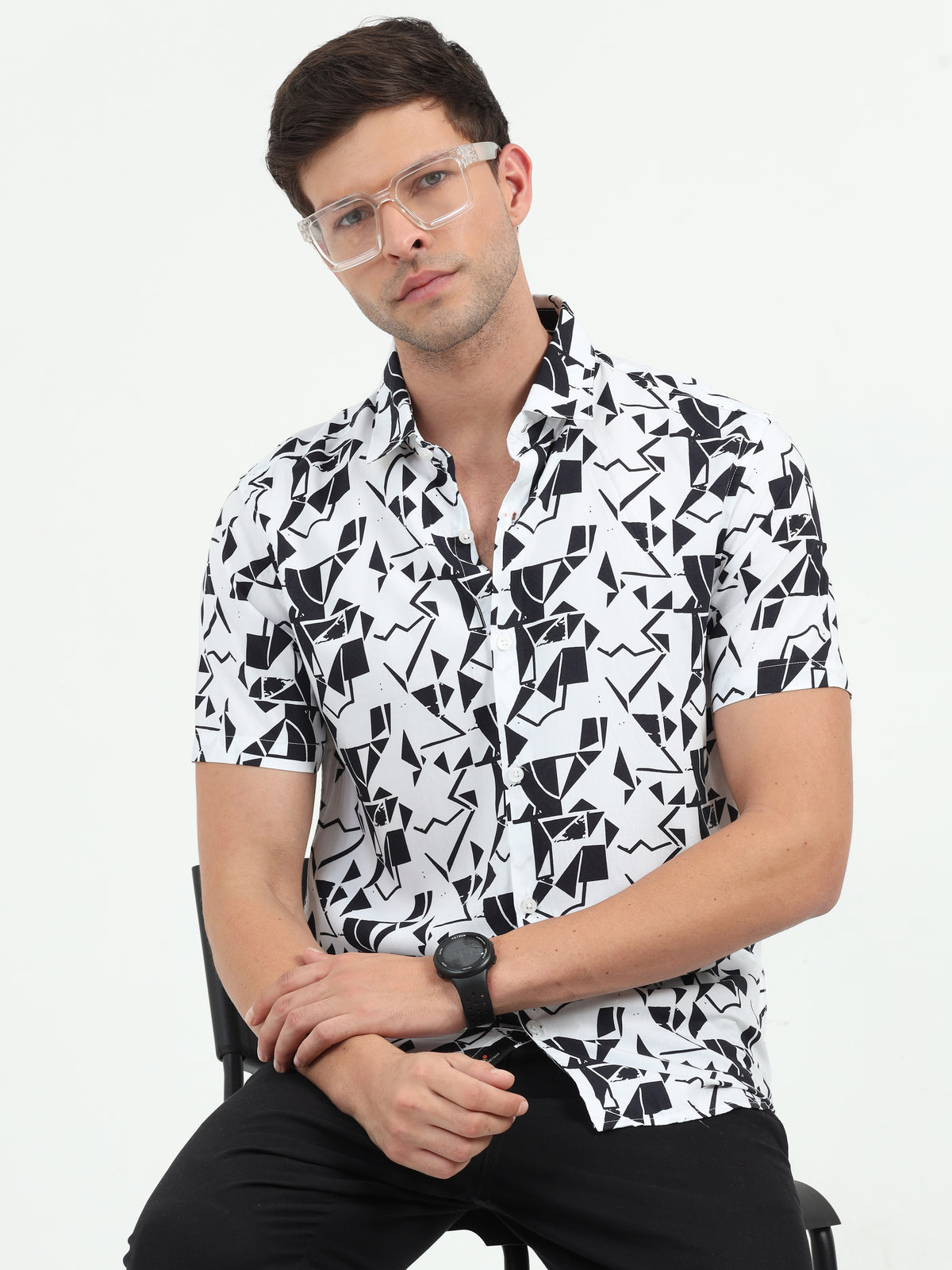 JAGURO WHITE-BLACK PRINTED HALF SLEEVE SHIRT