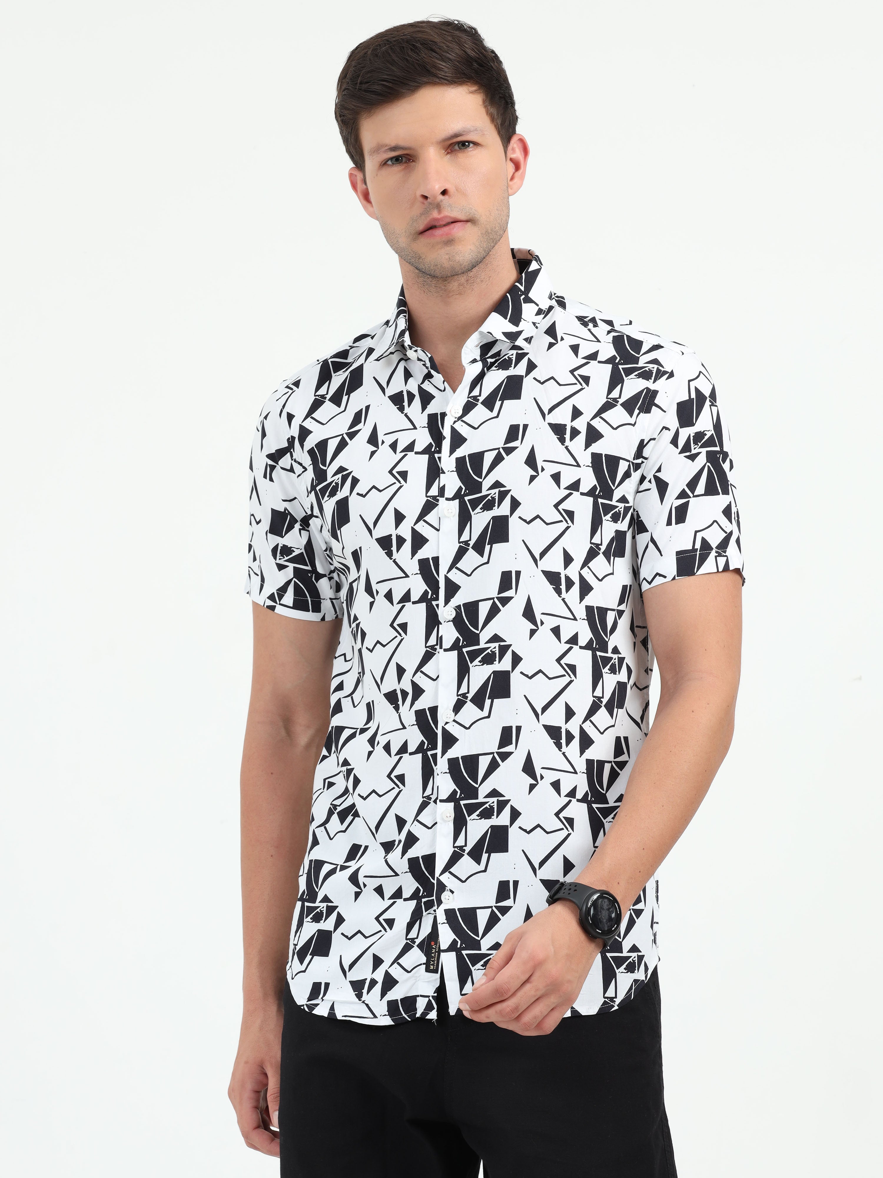 JAGURO WHITE-BLACK PRINTED HALF SLEEVE SHIRT