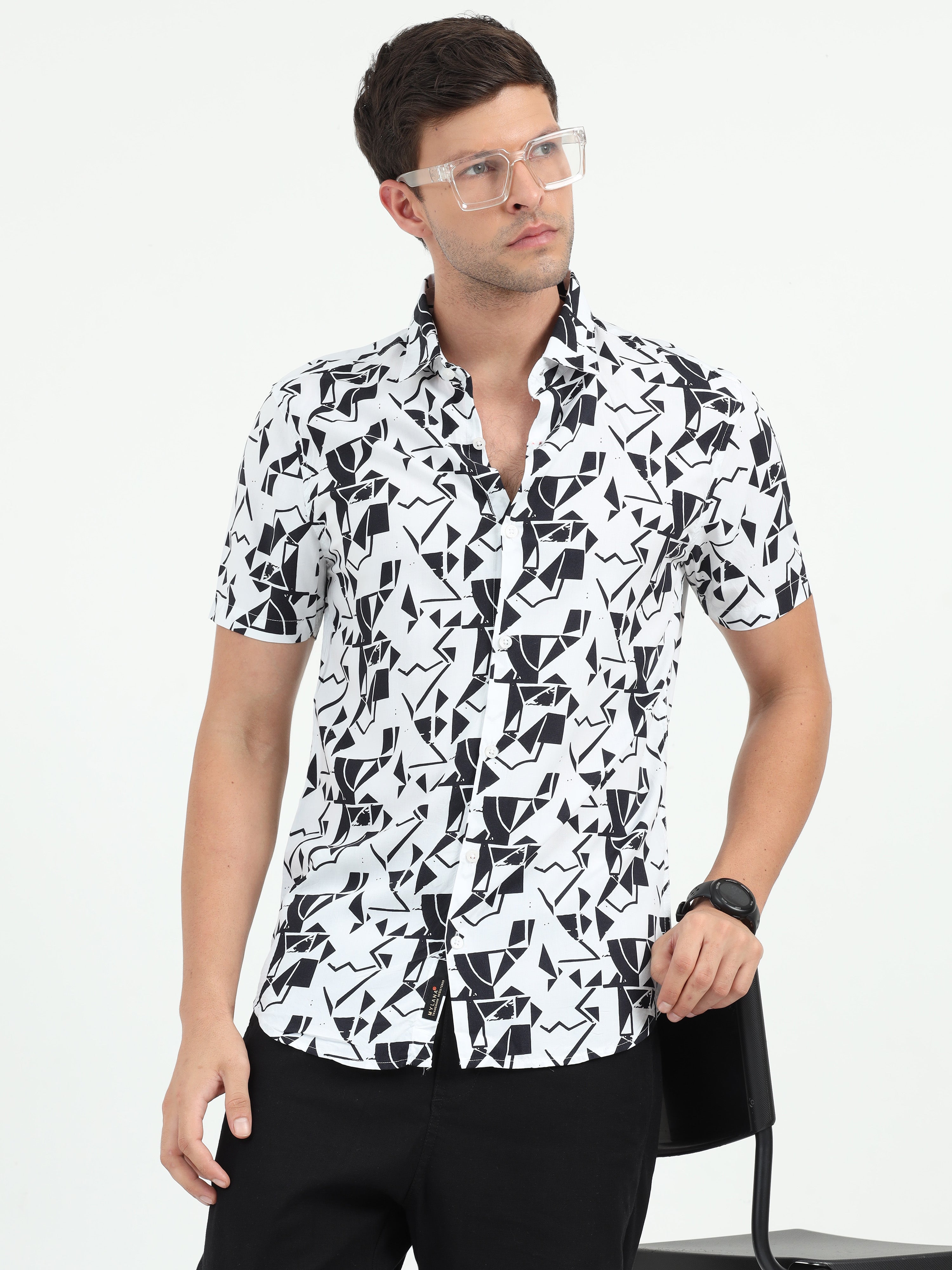 JAGURO WHITE-BLACK PRINTED HALF SLEEVE SHIRT