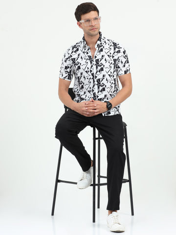 JAGURO WHITE-BLACK PRINTED HALF SLEEVE SHIRT