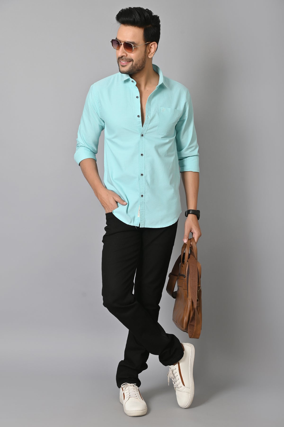 Jaguro Men's Casual Solid Shirt Light Blue