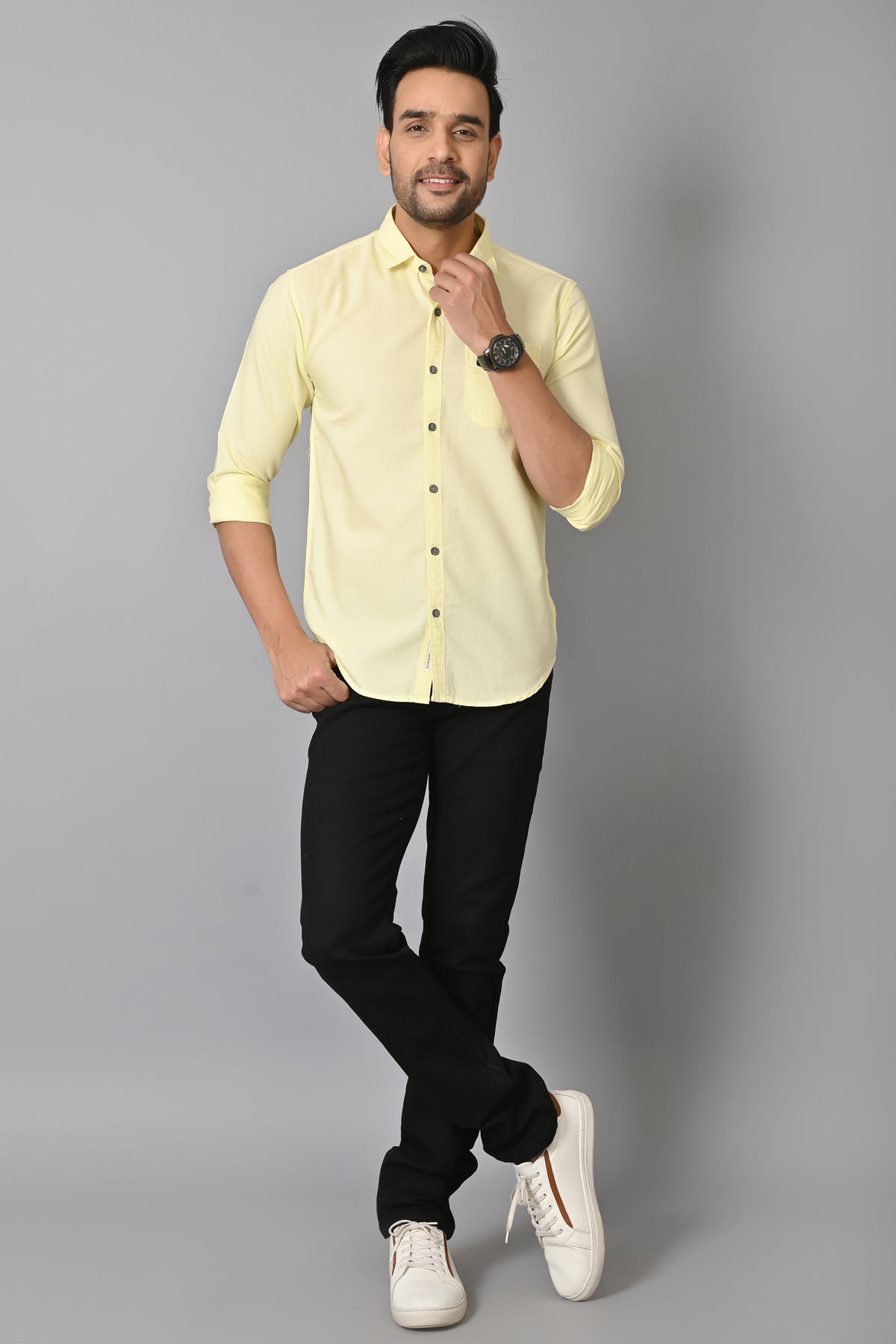 Jaguro Men's Casual Solid Shirt Lemon Yellow