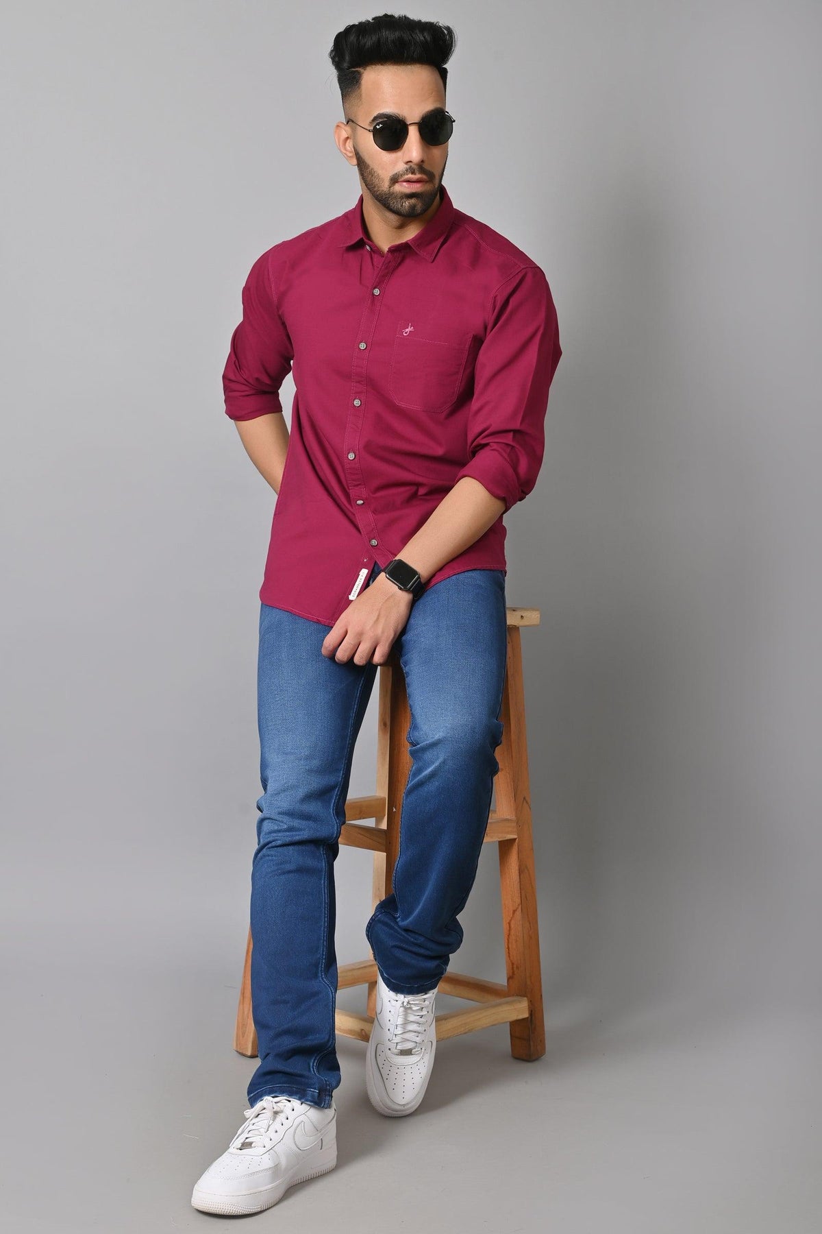 Jaguro Men's Casual Solid Shirt WINE