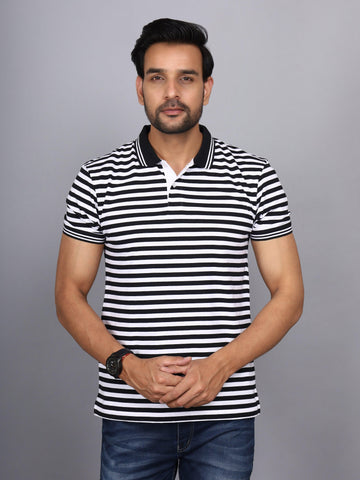 Jaguro Men's Striped Polo T-shirt Black