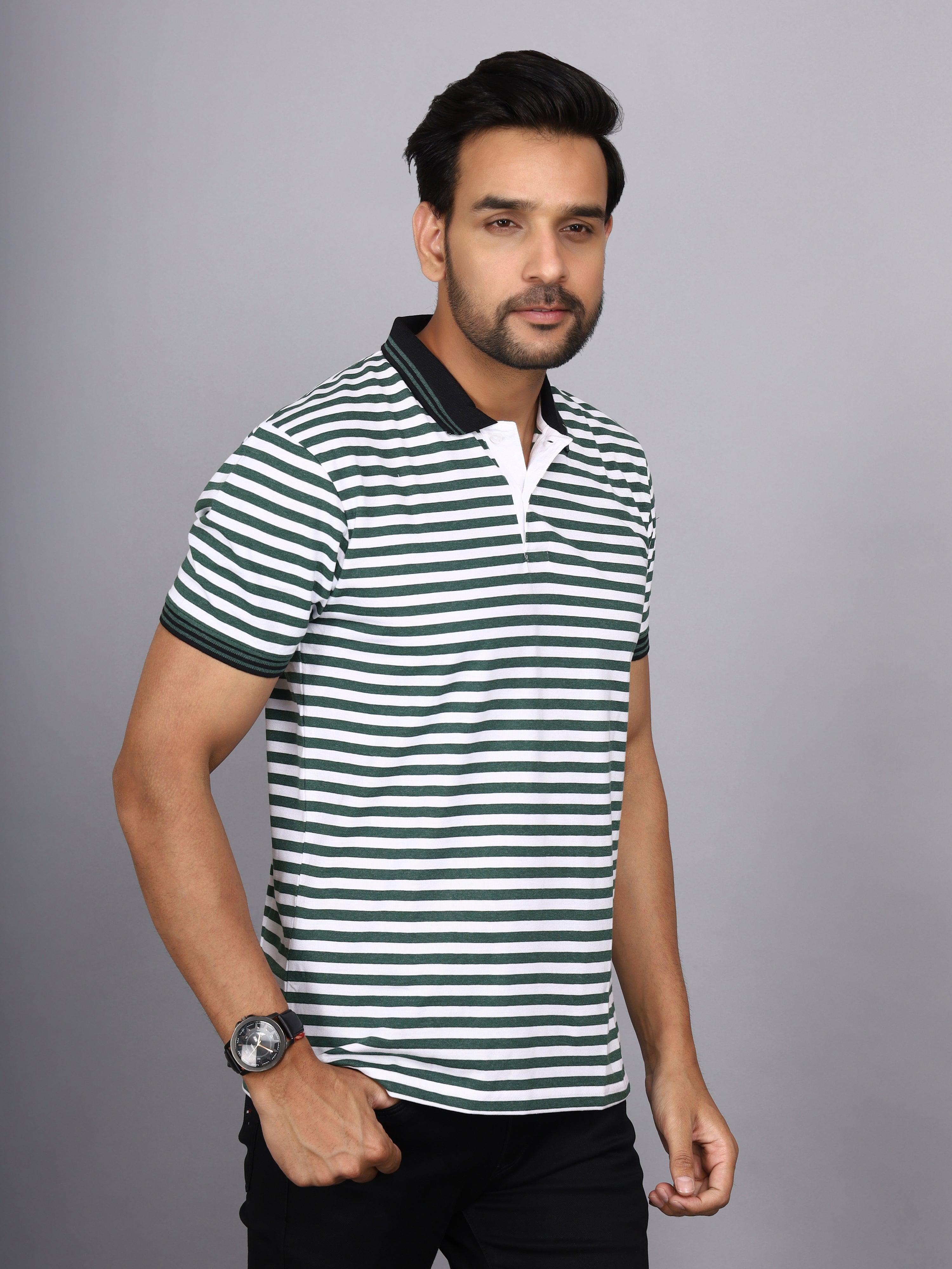 Jaguro Men's Striped Polo T-shirt GREEN