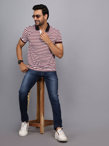 Jaguro Men's Striped Polo T-shirt MAROON