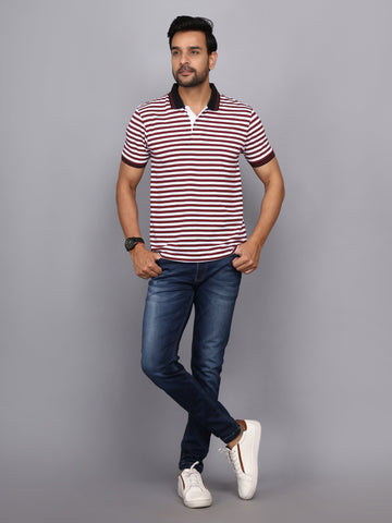 Jaguro Men's Striped Polo T-shirt MAROON