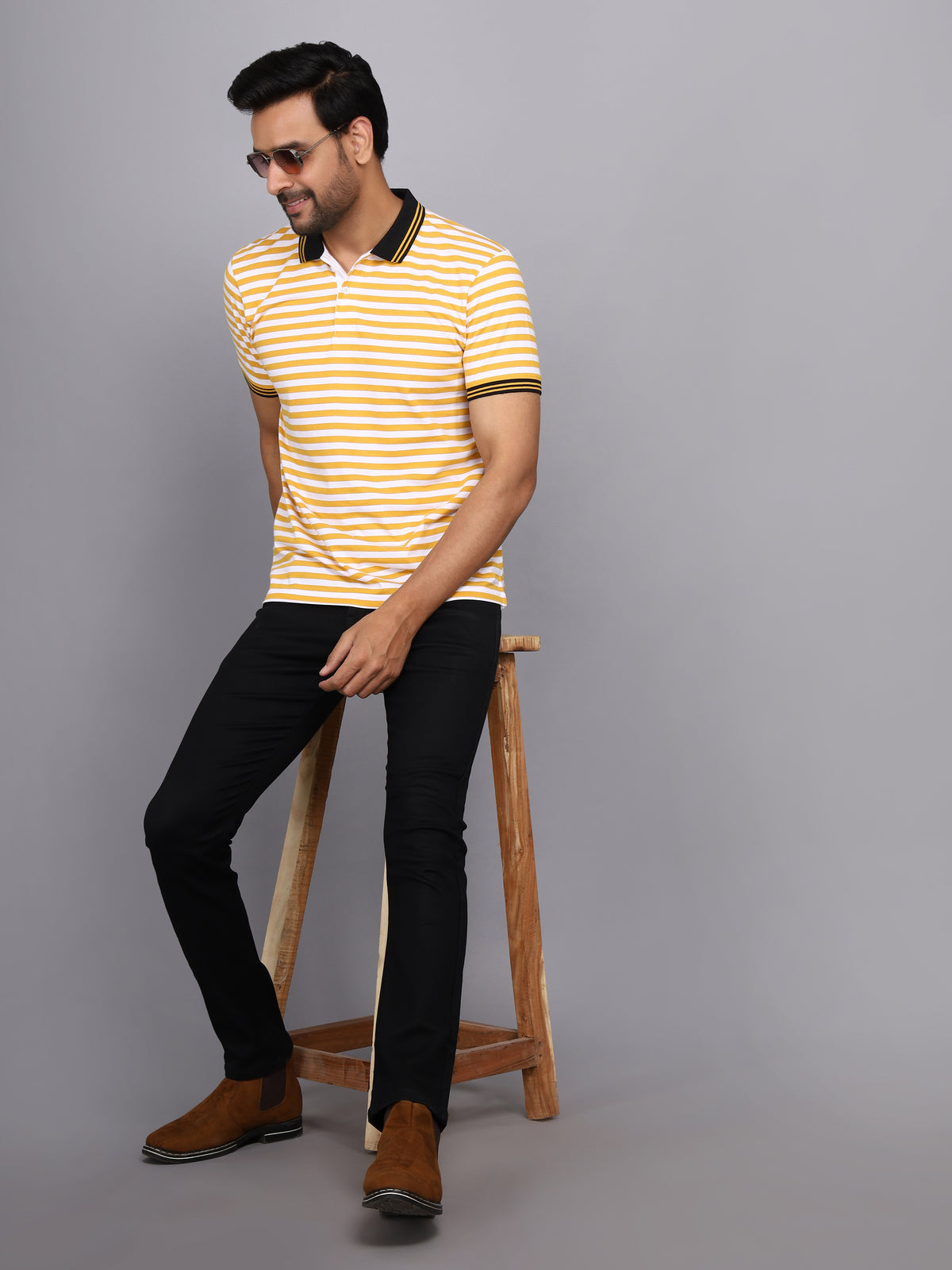 Jaguro Men's Striped Polo T-shirt Yellow