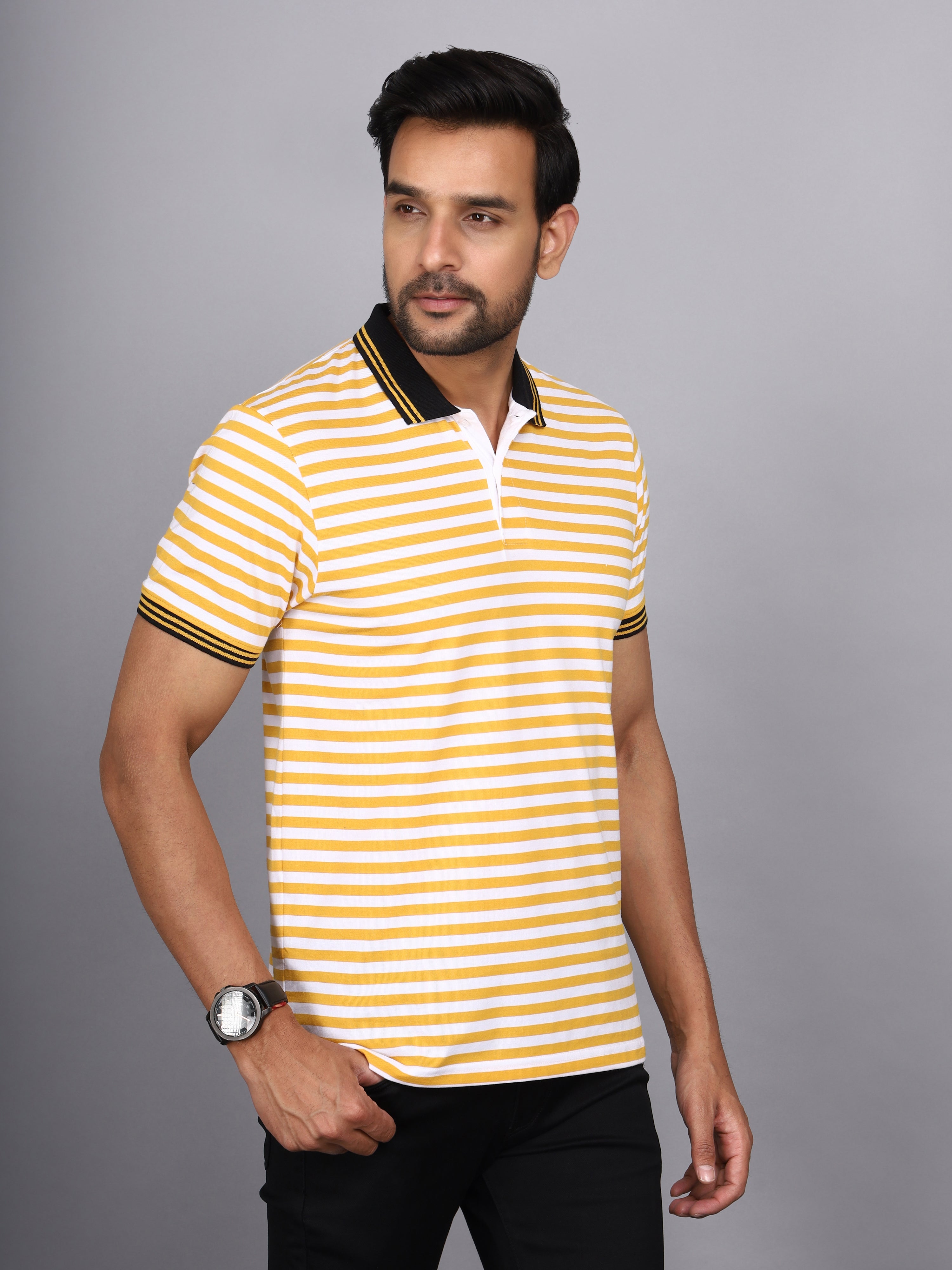 Jaguro Men's Striped Polo T-shirt Yellow