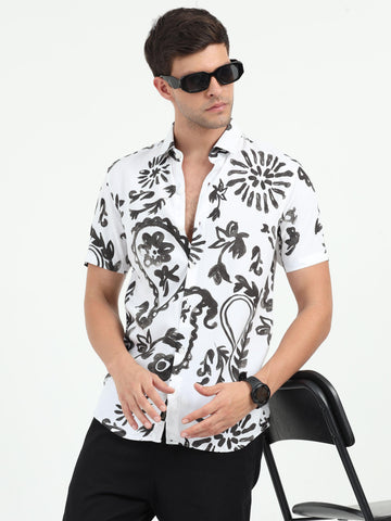 JAGURO WHITE-BLACK PRINTED HALF SLEEVE SHIRT