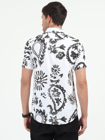 JAGURO WHITE-BLACK PRINTED HALF SLEEVE SHIRT