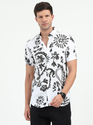 JAGURO WHITE-BLACK PRINTED HALF SLEEVE SHIRT