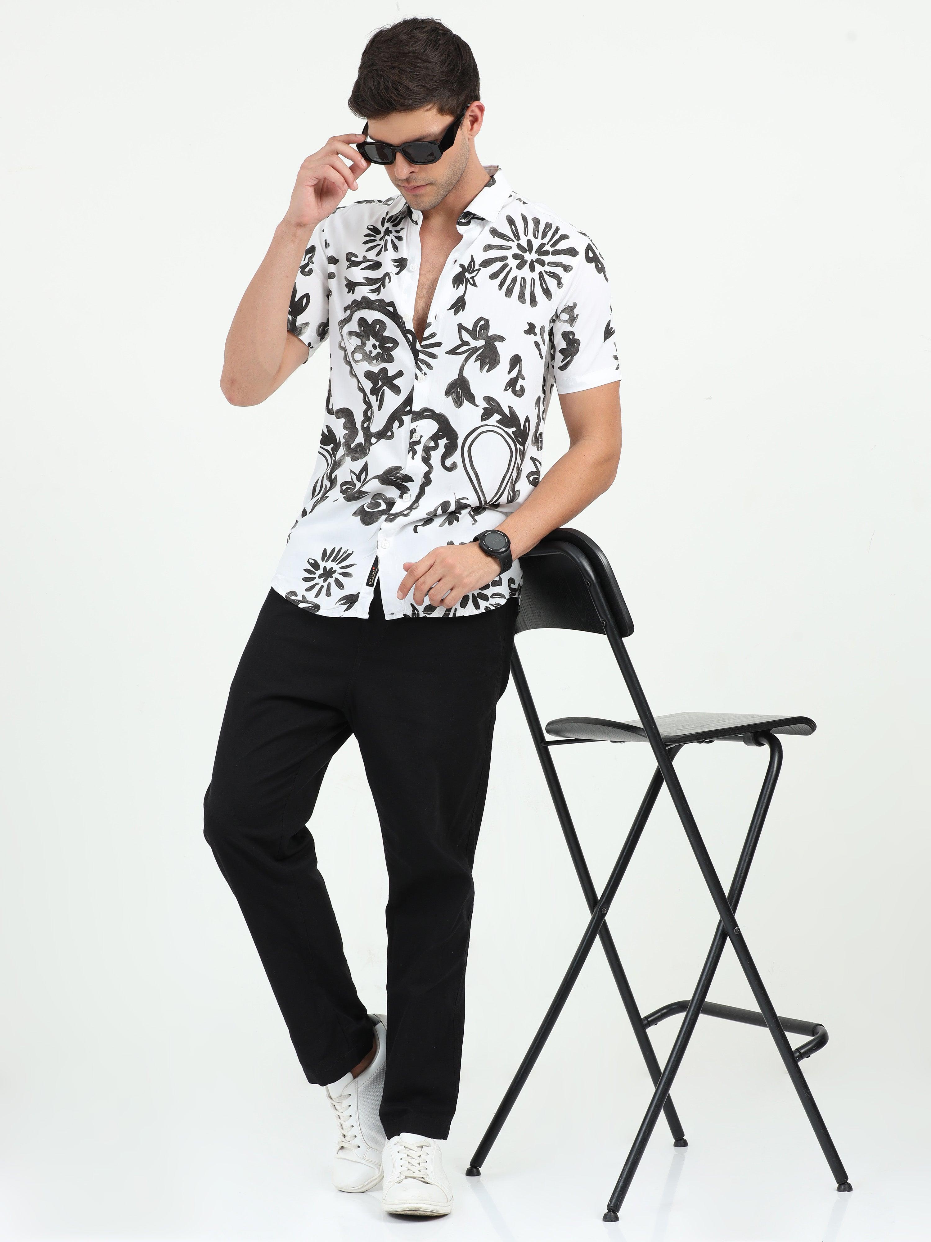 JAGURO WHITE-BLACK PRINTED HALF SLEEVE SHIRT