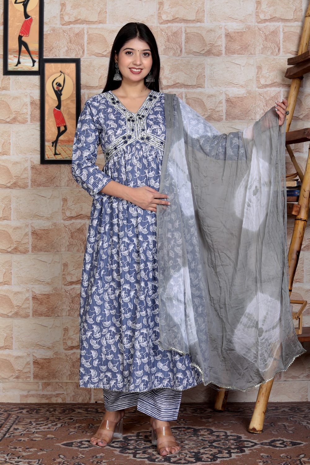 Elegant Flared Saganeri Block Print Kurta Set