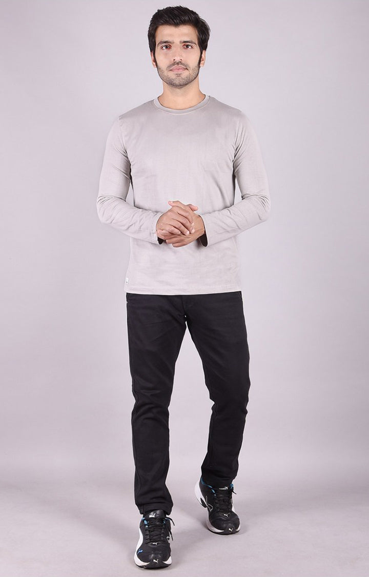 JAGURO Grey Pattern Solid Full-Sleeves T-Shirt