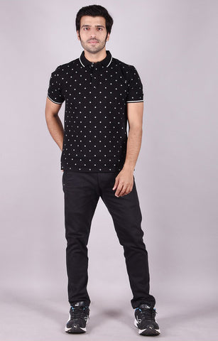 JAGURO Black Printed Polo T-Shirt