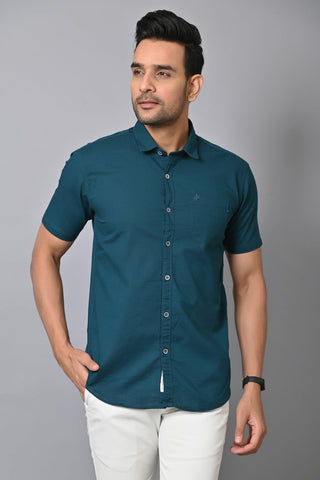 Jaguro Men's Half sleeve Shirt Cotton Teal Blue