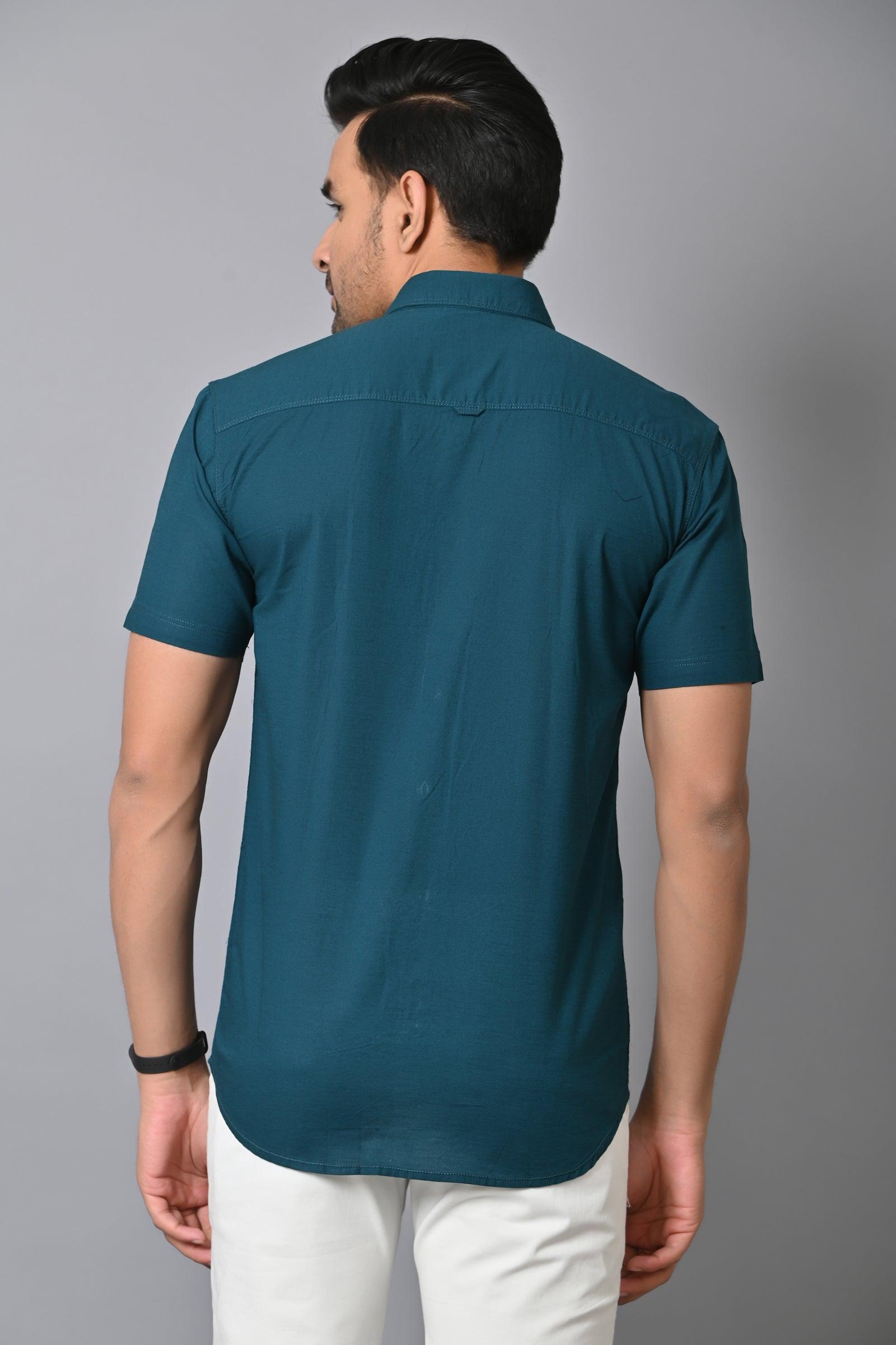 Jaguro Men's Half sleeve Shirt Cotton Teal Blue