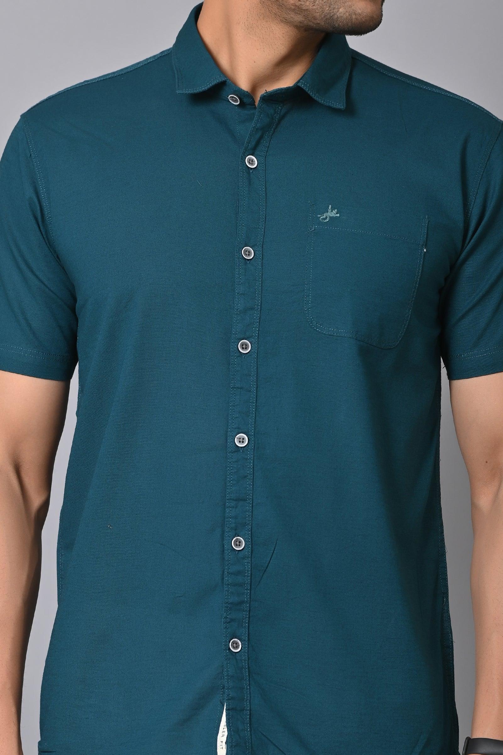 Jaguro Men's Half sleeve Shirt Cotton Teal Blue