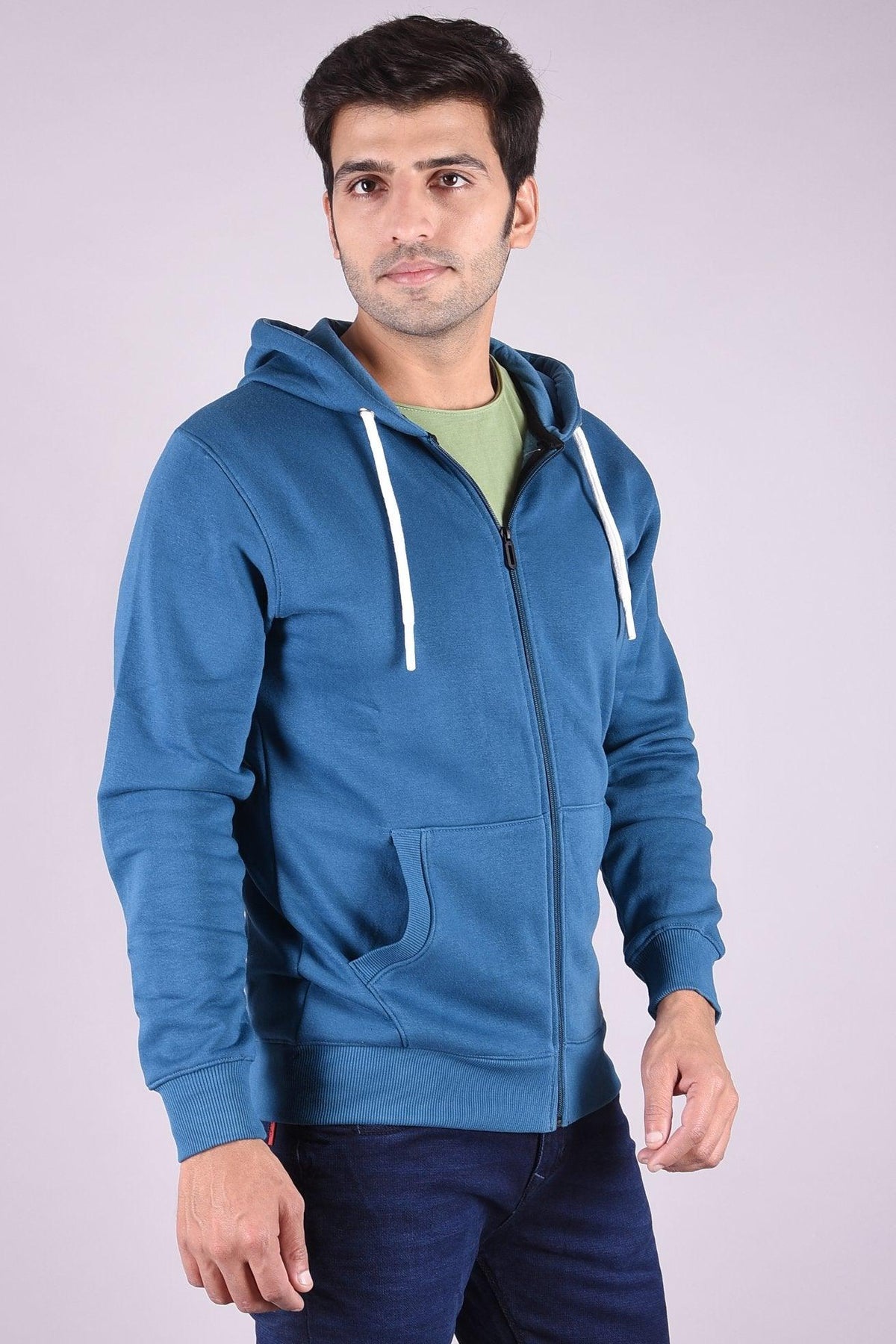 JAGURO Stylish Men's Cotton Zipper Teal Blue Hoody Jacket