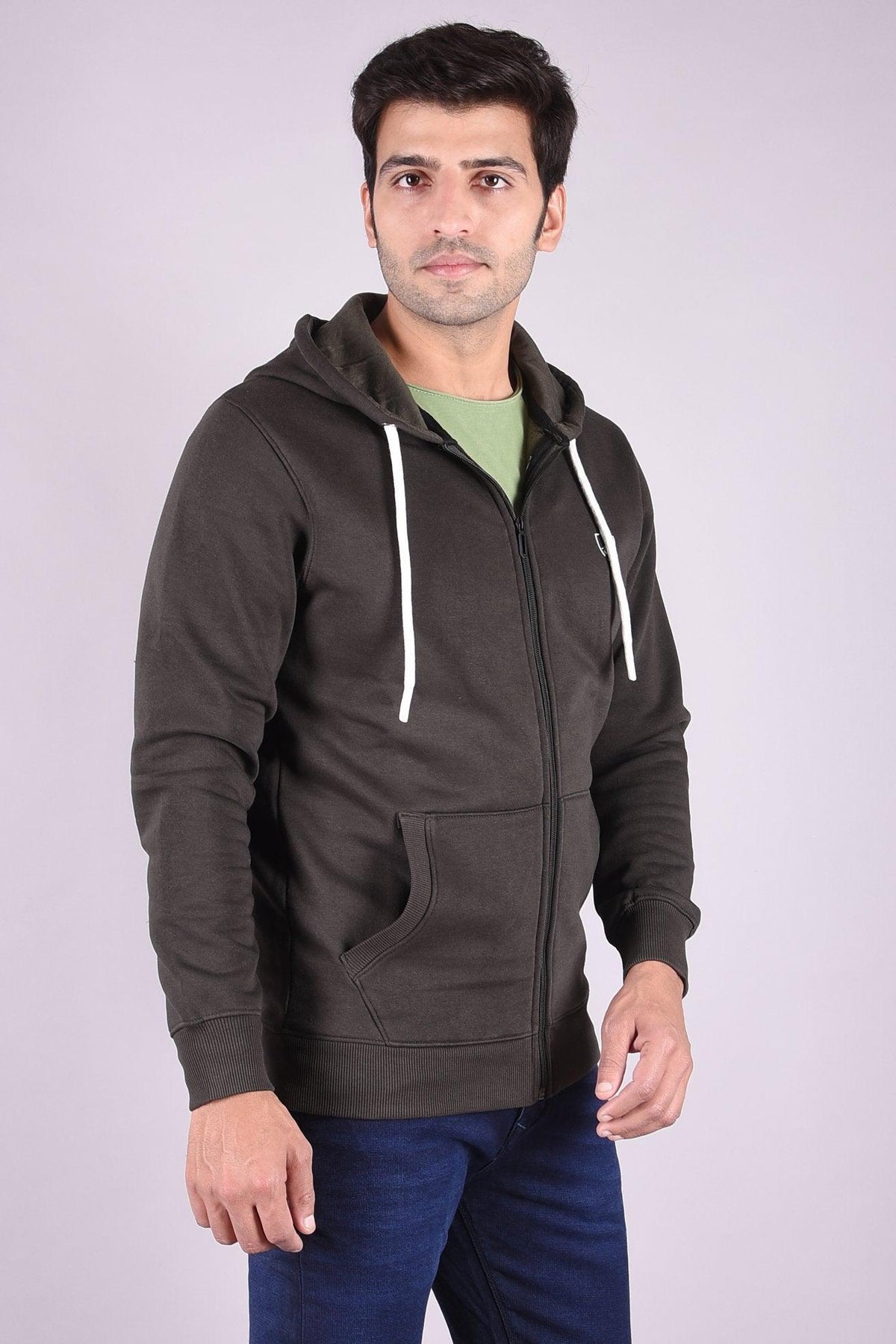 JAGURO Stylish Men's Cotton Zipper Olive Hoody Jacket