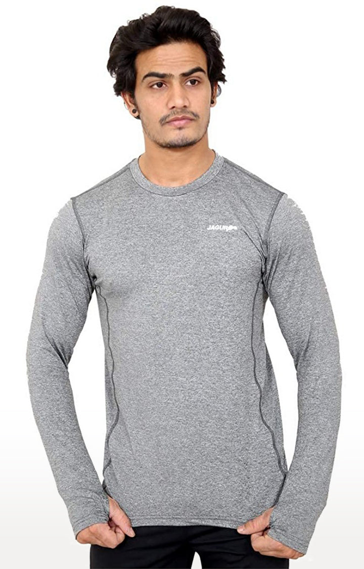 JAGURO Light Grey Solid Full-Sleeves T-Shirt